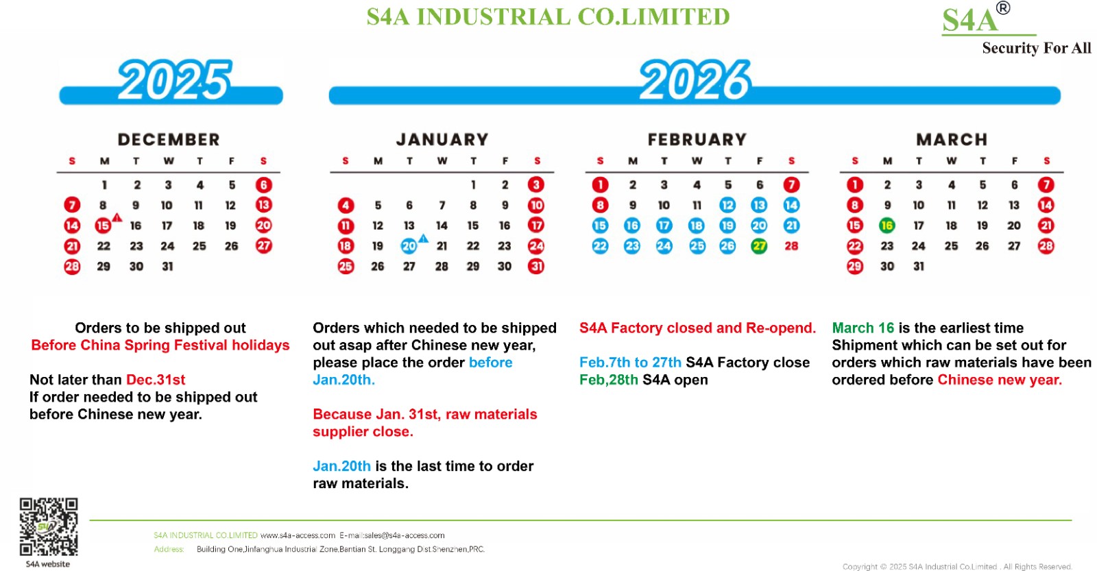 S4A 2026 Chinese Spring Festival Holiday Notice
